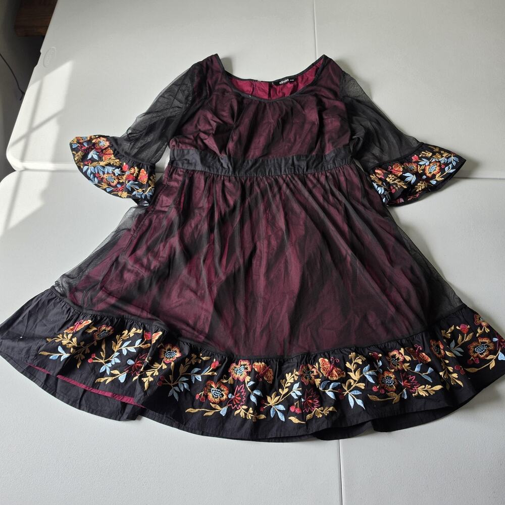 EShakti Dress Womens 1X Black Mesh Embroidered Floral Fit & Flare Whimsigoth